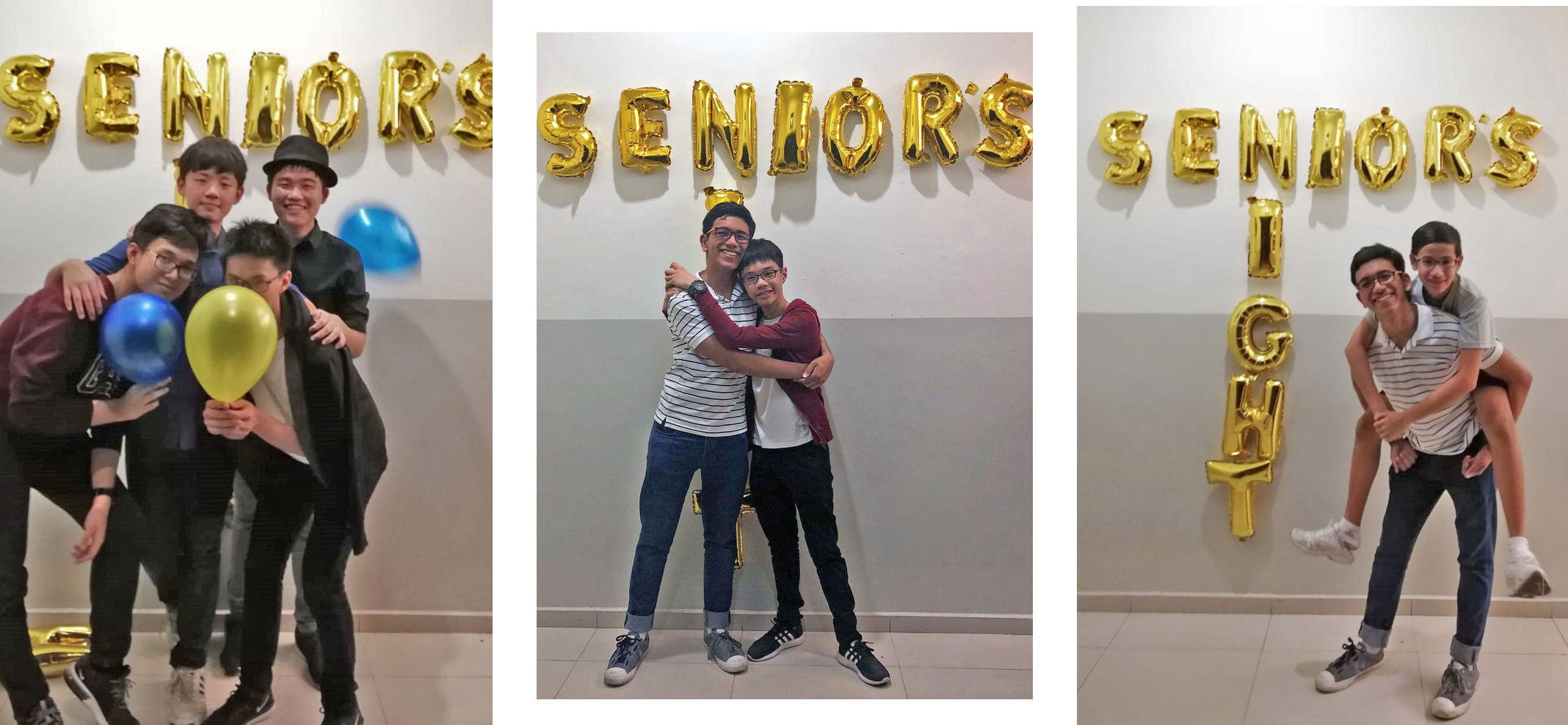 Three photos of teenage boys posing in front of gold balloon letters spelling Seniors Night at a celebration event.